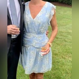 Intermix Silk Light Blue Floral Dress Ruched Waist Ruffle Sleeves size 6